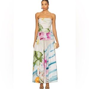 Strapless Floral Watercolor Maxi Dress - White with Pink & Blue